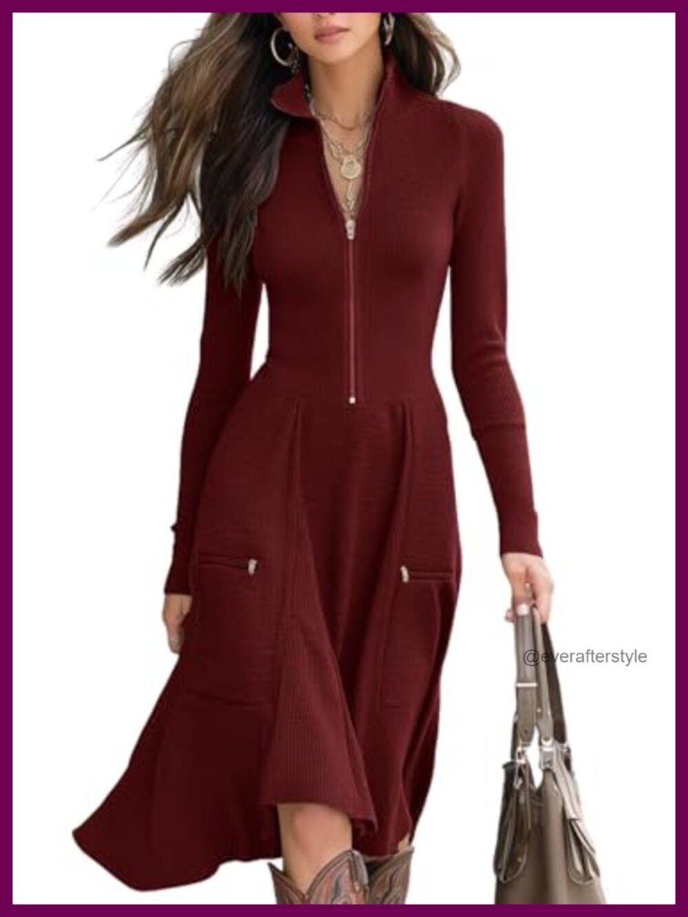 Rib Knit Midi Sweater Dress Long Sleeve A-Line Zipper Pockets Winter